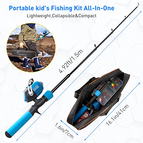 Kids Fishing Pole Kit, 59'' Telescopic Rod and Reel Beginner Combo with Spincast Reel,Tackle Box, Carrier Bag,Fishing Gear for Boys,Girls, Toddler,Youth - color: Blue+Pink