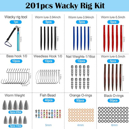 Wacky Rig Kit, 201pcs Bass Fishing Wacky Rig Tool Kit with Soft Plastics Lures Bass Hooks Nail Weights Bullet Sinkers O-Rings Fishing Lures Tackle Box Kit