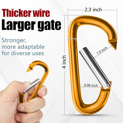 sprookber 4" & 5" Extra Large Aluminum Carabiner D Ring, Caribeener Clips, Spring Snap Hook for Keychain Clip, Set of 4 - color: yellow-4", size: 4 inch