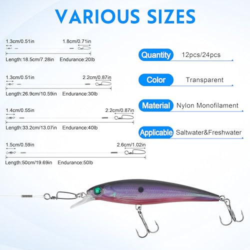 Nylon Fishing Leaders,12/24pcs Nylon Mono Wire Leader Line with Swivel Snaps Lures Rig or Hooks Connect Tackle High Strength Fishing Leader Line for Saltwater Freshwater 20lb/30lb/40lb/50lb - size: 40LB