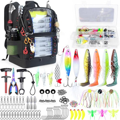 Fishing Backpack with Tackle Boxes,45L Large Tackle Bag with Cooler & Fishing Gear Kit,Waterproof Tackle Backpack for Gift with Fishing Lures, Fishing Pliers,Black - color: Black(with Fishing Gear)