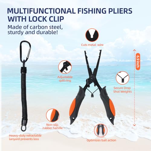 RAWILL Fishing Kit,Filleting Knife,Hook Remover,Fish Grip, Line Cutter,Fishing Scale, Pliers with Lanyards,Not Include Batteries - color: Orange