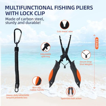 RAWILL Fishing Kit,Filleting Knife,Hook Remover,Fish Grip, Line Cutter,Fishing Scale, Pliers with Lanyards,Not Include Batteries - color: Orange