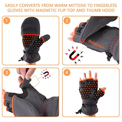 BASSDASH WinteFlex Insulated Ice Fishing Mittens Cold Weather Fingerless Gloves Water Resistant for Men Women Hunting - color: Grey/Black, size: X-Small