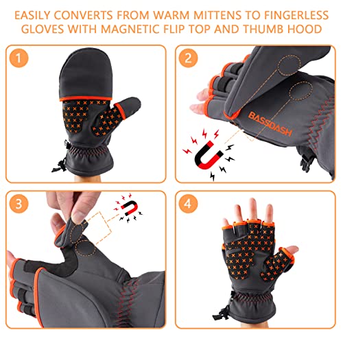 BASSDASH WinteFlex Insulated Ice Fishing Mittens Cold Weather Fingerless Gloves Water Resistant for Men Women Hunting - color: Grey/Black, size: XX-Large