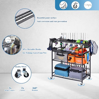 Fishing Rod Holder for Garage, Fishing Pole Holders for 15 Rods 38 * 17", Fishing Rod Rack Basement, Fishing Pole Rack Metal Black with Big Wheels, 4-Tier