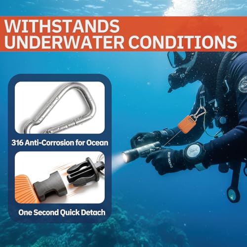 nitescuba Scuba Gear Retractable Gear Tethers, Heavy-Duty Dive Clip Lanyard with 316 Stainless Steel Snap Hook, Split Ring and 58cm (22.83″) Quick-Release Extension Cord for Dive Light & Camera-orange