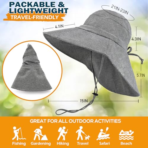 Women's Cotton Sun Hat with Neck Flap, UV Protection Wide Brim Outdoor Hat | Adjustable Fit, Moisture-Wicking & Breathable, Packable & Lightweight for Fishing Hiking Gardening Beach Safari - color: Dark Grey