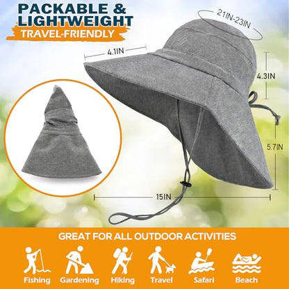 Women's Cotton Sun Hat with Neck Flap, UV Protection Wide Brim Outdoor Hat | Adjustable Fit, Moisture-Wicking & Breathable, Packable & Lightweight for Fishing Hiking Gardening Beach Safari - color: Dark Grey