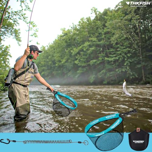 THKFISH Fly Fishing Landing Net, Foldable Landing Trout Net with ABS Handle,Rubber Coated Mesh Trout Net with Tackle Bag for Trout Bass Catch and Release, Portable Fly Fishing Gear,M/L - size: L-BLUE