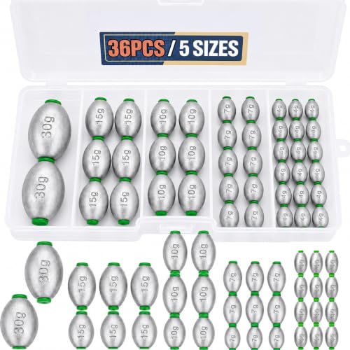5size 36pcs/52pcs Egg Weights Kit – Slip Sinkers Assortment 1/8oz–1oz, Options, Fishing Weights Smooth Plastic‑Lined Large Bore, Partitioned Tackle Box, Fishing Weights for Shore & Boat - size: 36 Pack – 1/8oz to 1oz