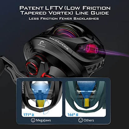 KastKing MegaJaws Elite Baitcasting Fishing Reel, New AutoMag Dual Braking System, Only 6.7oz, 17.64 LBs Carbon Fiber Drag, 11+1 Shielded BB, High Speed 5.4:1 to 9.1:1 Gear Ratios - size: Right - 7.2:1, style: Megajaws