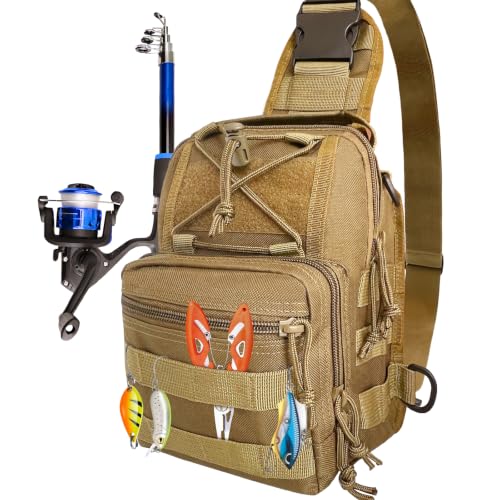 Kynzo Fishing Sling Backpack with Rod Holder, Water-Resistant Fishing Tackle Bag, Durable Shoulder Crossbody Pack for Freshwater Saltwater Fishing(C- Khaki) - color: C- Khaki