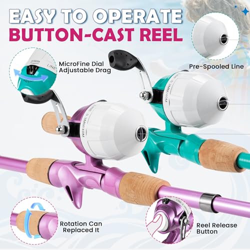 Kids Fishing Pole, Portable Telescopic Kids Fishing Poles for Boys Girls Youth, Fishing Rod and Reel Combo - color: Turquoise+Metallic Pink