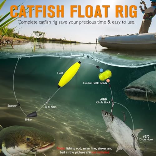 Dovesun Pre-Tied Catfish Rig System, 23 Inch 55LB Santee Cooper Catfish Float Rig with Adjustable EVA Slip Float and High Carbon Circle Hooks 5/0 6/0 8/0, Ready-to-Fish for River and Bank Fishing - color: Cigar Float-5/0+8/0Hook * 6PCS