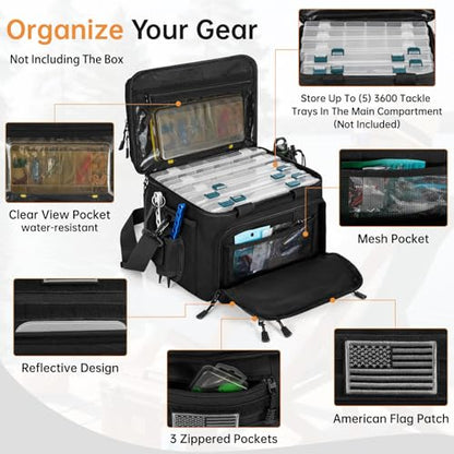Fishing Tackle Bag - Holds 3400-3600 Size Tackle Boxes -Saltwater & Freshwater Fishing Bags - Padded Shoulder Strap Fishing Bags (Black) (Bag Only) - color: Black, style: Bag Only
