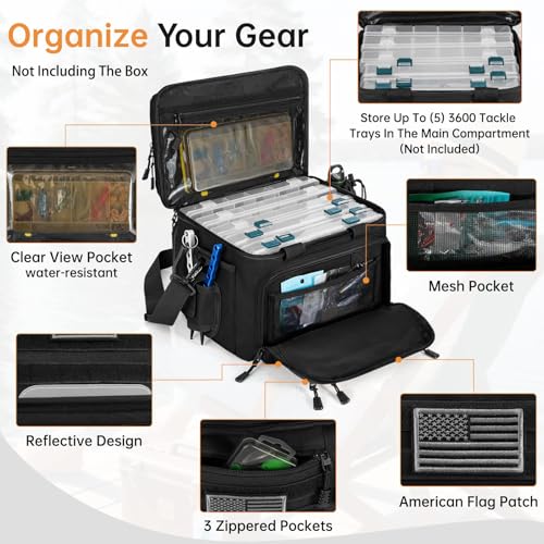 Fishing Tackle Bag - Holds 3400-3600 Size Tackle Boxes -Saltwater & Freshwater Fishing Bags - Padded Shoulder Strap Fishing Bags (Black) (Bag Only) - color: Black, style: Bag Only