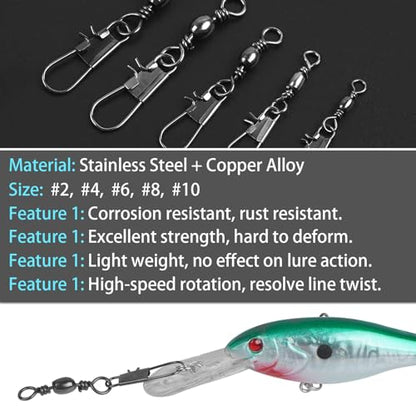 Fishing Swivels Snap, Barrel Swivels Fishing Tackle, Stainless Steel Safty Interlock Snaps Leader Line Lure Connector Freshwater Saltwater - size: 2#(55lb)-50pcs