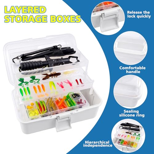 3 Layer Fishing Tackle Box with Tackle Included,Fishing Bait Kit,Pliers,Fish Lip Gripper,Accessories, Gift for Fishing Men Women Kids Saltwater Freshwater
