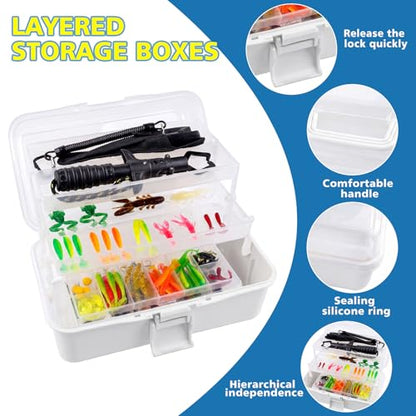 3 Layer Fishing Tackle Box with Tackle Included,Fishing Bait Kit,Pliers,Fish Lip Gripper,Accessories, Gift for Fishing Men Women Kids Saltwater Freshwater