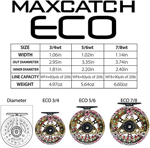 M MAXIMUMCATCH Maxcatch ECO Large Arbor Fly Fishing Reel (3/4wt 5/6wt 7/8wt) and Pre-Loaded Fly Reel with Line Combo - color: Rainbow Trout (With Line Pre-loaded), size: 3/4 weight