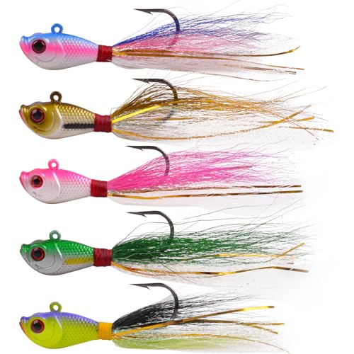 Bucktail Jigs Saltwater Fishing Lures Bucktail Fishing Jigs Surf Fishing Lure Swimbait Jig Heads Hook for Bass Walleye Flounder Striper 1/4oz 1/2oz 1oz 1.5oz 2oz - size: 1/4oz-5pcs