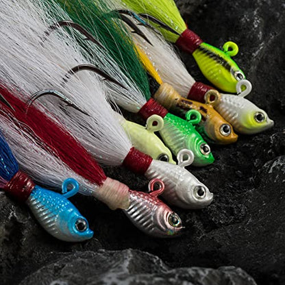 Dr.Fish 3 Pack Bucktail Jig Lure Hair Jig Saltwater Freshwater Lures Surf Fishing Bass Flounder Striper Bluefish Halibut Redfish - color: White,Chartreuse,Red & White (Pack of 3), size: 1 oz