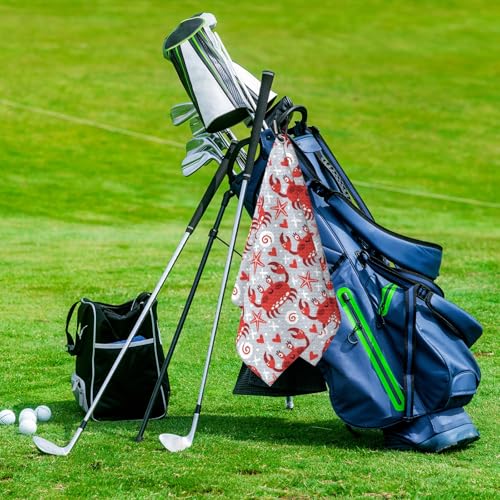 Cute Crabs Starfish Golf Towel for Golf Bags Carts Red Crab Golf Towels with Clip Funny Seafood Waffle Towels Cleaning Cloth 2 Packs for Men Golfer Accessories, Birthday Father's Day Present - color: Red Grey