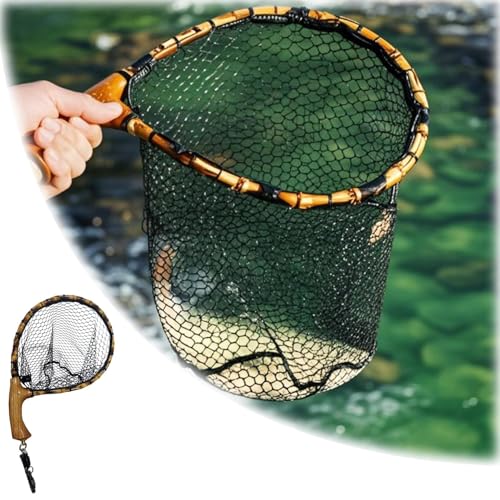 Fly Fishing Net with Release, Fishing Landing Net, Lightweight Trout Fishing Net with Wooden Handle Frame, Rubber-Coated Mesh Landing Nets for Minnow, Catch and Release