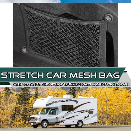 JINGKE 2 Pcs Small Cargo Net Pocket Elastic Mesh Netting Car Mesh Pouch with Screws and Hooks for Trunk RV Boats Home Cargo Storage (23.6'' x 9.8'') - size: 23.6'' x 9.8''