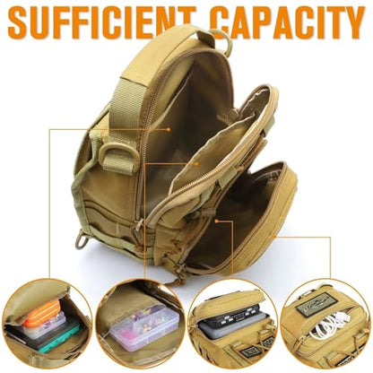Dovesun Small Fishing Backpack, Waterproof Fly Fishing Sling Pack Tackle Bag with Tackle Boxes - color: B-Khaki(Size:17.7*8.5*5.7in)