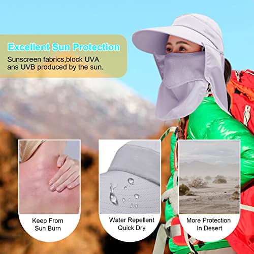 Women Wide Brim Face Mask Sun Hat Detachable Neck Face Flap Ponytail UV Protection Visor Hat Garden Fishing Hiking - color: A2-shun005-gray