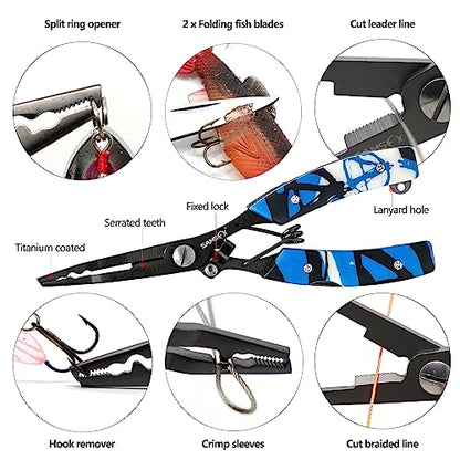 SAMSFX Locking Fishing Pliers Saltwater Resistant Teflon Coated Briad Line Cutters with Wire Coiled Lanyard, Sheath & Quick Knot Tool Combo - color: Blue Camouflage