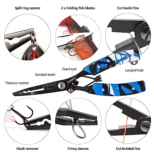 SAMSFX Locking Fishing Pliers Saltwater Resistant Teflon Coated Briad Line Cutters with Wire Coiled Lanyard, Sheath & Quick Knot Tool Combo - color: Blue Camouflage