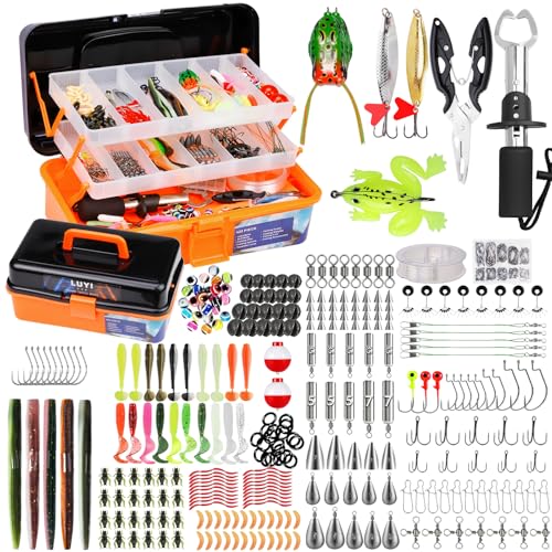 Large 3 Layers Tackle Box with Fishing Tackle Included, 423 Pcs Fishing Lures Kit Crankbaits Fishing Hooks Spoon Worm Tackle Fishing Bait Accessories for Bass Trout Freshwater Saltwater