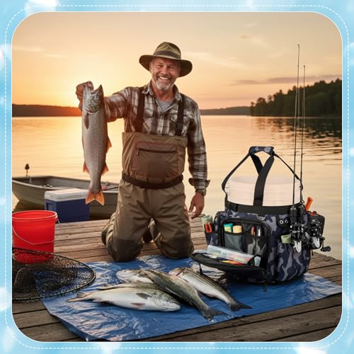 Soulchen Fishing Bucket Organizer with Cover, Ice Fishing Tackle Bag with Rod & Plier Holder, Multi-pockets for 5 Gallon Bucket Gear & Accessories, 34.2 x 11 Inch(Camouflage)