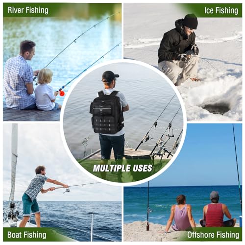 Fishing Backpack with Rod Holder | Large, Water Resistant, Tackle Storage Bag, Fishing Gear, Gifts for Men - color: Black