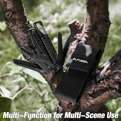 FLISSA 15-in-1 Multi-tool Pliers with Sheath, Portable Pocket Knife with Safety Locking System, Belt Clip and Sheath for Outdoors, Survival, Camping, Fishing, Hunting