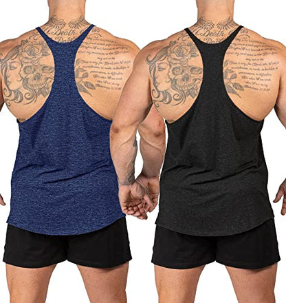 Stringer Bodybuilding Tank Tops Low Cut Off Gym Workout Training Stretch Polyester Quick Dry T Shirts - color: Black&blue, size: Small