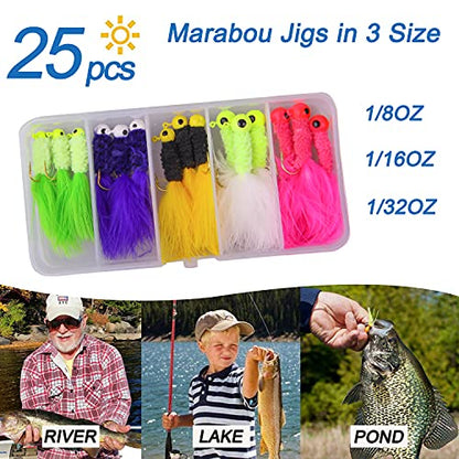 Fishing Jig Heads Crappie Jigs, 25pcs Marabou Jigs Lures Round Ball Head Jig Hooks Hair Jig Feather Fishing Lures for Bass Sunfish Trout Walleye Panfish 1/8oz 1/16oz 1/32oz - size: 3 Sizes Mixed-25pcs