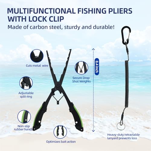 RAWILL Fishing Kit,Filleting Knife,Hook Remover,Fish Grip, Line Cutter,Fishing Scale, Pliers with Lanyards,Not Include Batteries - color: Green