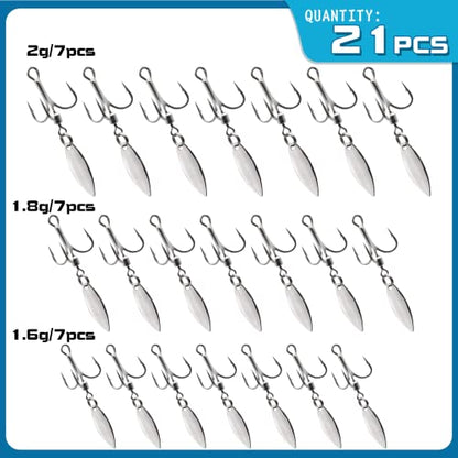21Pcs Treble Hooks Willow Bladed Replacement Spinner Fishing Hook Set | Trout Bass Silver Three Treble Hooks for Freshwater and Saltwater