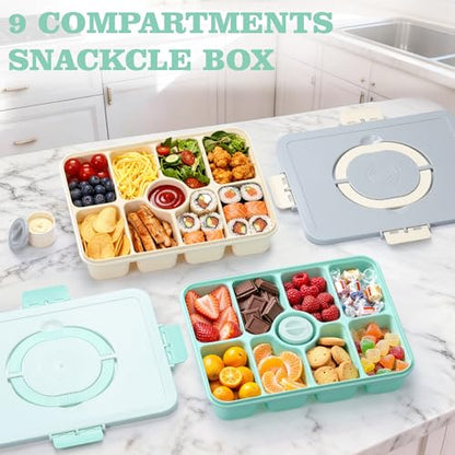 Snackle Box Container, Divided Serving Tray with Lid and Handle, 9 Compartments Snack Box Container for Adults, Portable Charcuterie Serving Platter for Candy Fruit, 9.9 Cups, Seafoam Green - color: Seafoam Green