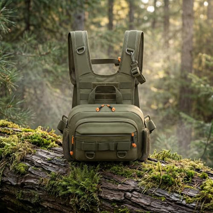 Fly Fishing Backpack Vest, Lightweight Nylon Tackle Chest Pack with Multiple Storage Pockets (Khaki)