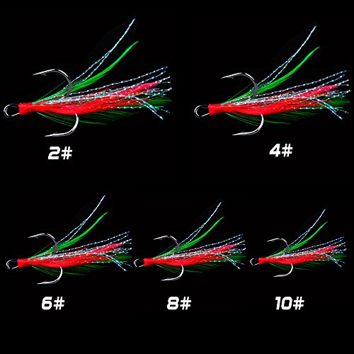 AMHDV Feather Fishing Hooks Strong Treble Hooks Size 2 4 6 8 10 (Pack of 20) - color: Red and green, size: 10#