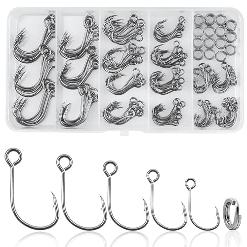 Inline Single Hooks Kit, 185pcs Single Replacement Hooks for Hard Lures Baits Inline Circle Hooks with Split Rings Large Eye Fishing Hooks Saltwater Freshwater for Treble Hook Replacement
