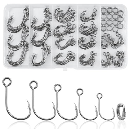Inline Single Hooks Kit, 185pcs Single Replacement Hooks for Hard Lures Baits Inline Circle Hooks with Split Rings Large Eye Fishing Hooks Saltwater Freshwater for Treble Hook Replacement