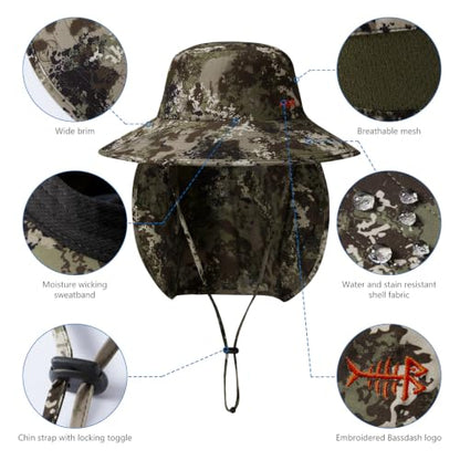 BASSDASH UPF 50+ Breathable Sun Hat with Removable Face Cover and Neck Flap Wide Brim Bucket Hat for Fishing Hiking Men Women - color: Grunge Camo
