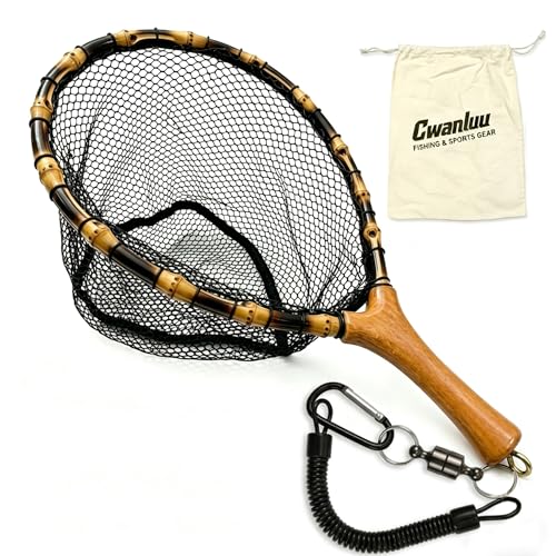 Floating Handcrafted Bamboo Fly Fishing Landing Net, Solid Wood Handle, Soft Rubber Coated Mesh for Trout, Kayak & Stream Fishing, Includes Magnetic Release & Safety Lanyard - size: Large, style: Straight Handlebar