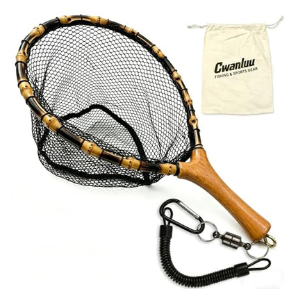 Floating Handcrafted Bamboo Fly Fishing Landing Net, Solid Wood Handle, Soft Rubber Coated Mesh for Trout, Kayak & Stream Fishing, Includes Magnetic Release & Safety Lanyard - size: Large, style: Straight Handlebar